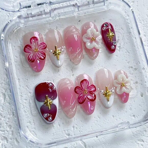 Other - Starlight Pink Ombre Press-On Nails Handmade Short Almond Flower Pearl Set B4